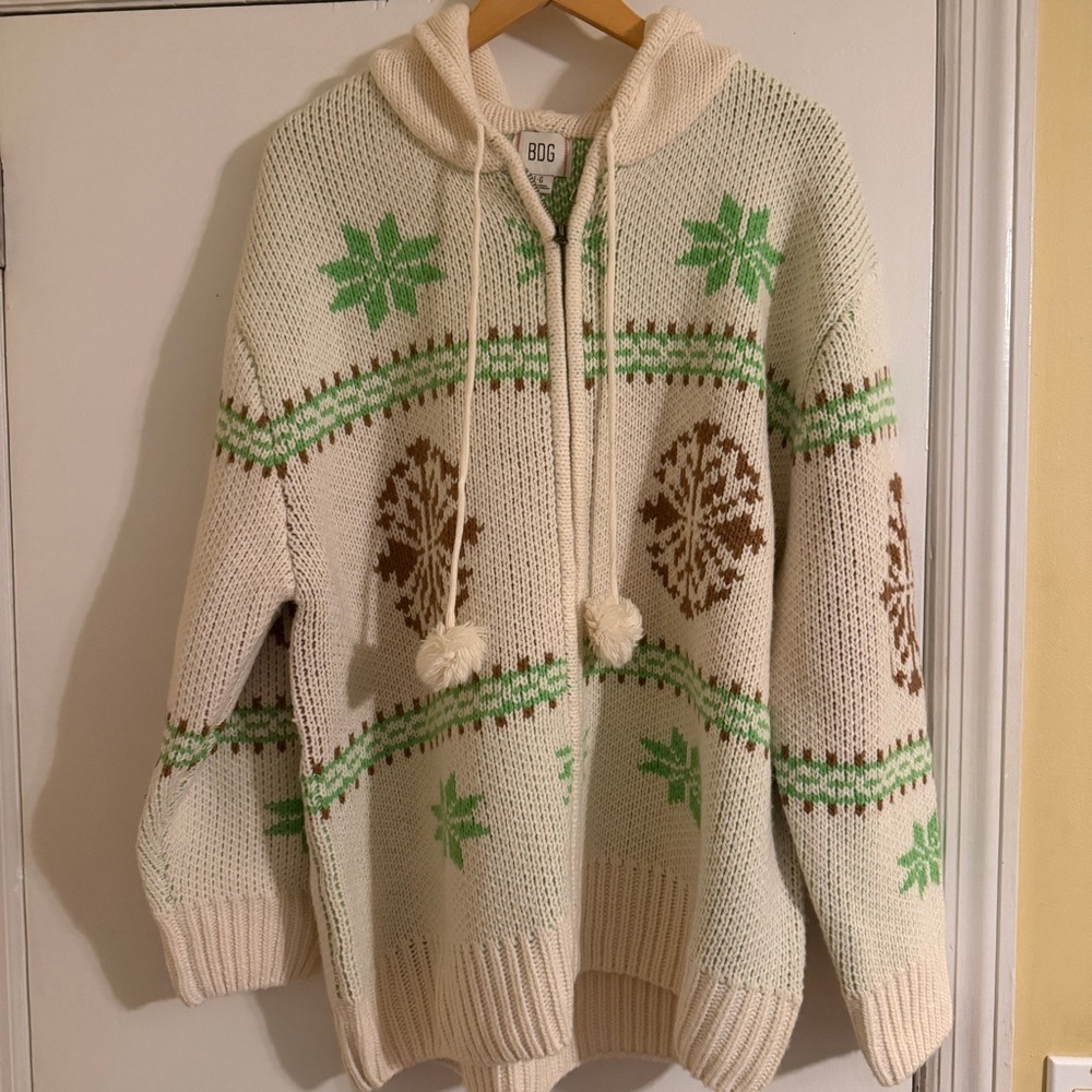 New BDG Madison Mountain Fair Isle Oversized Full-Zip Hoodie Sweater - Picture 2 of 13